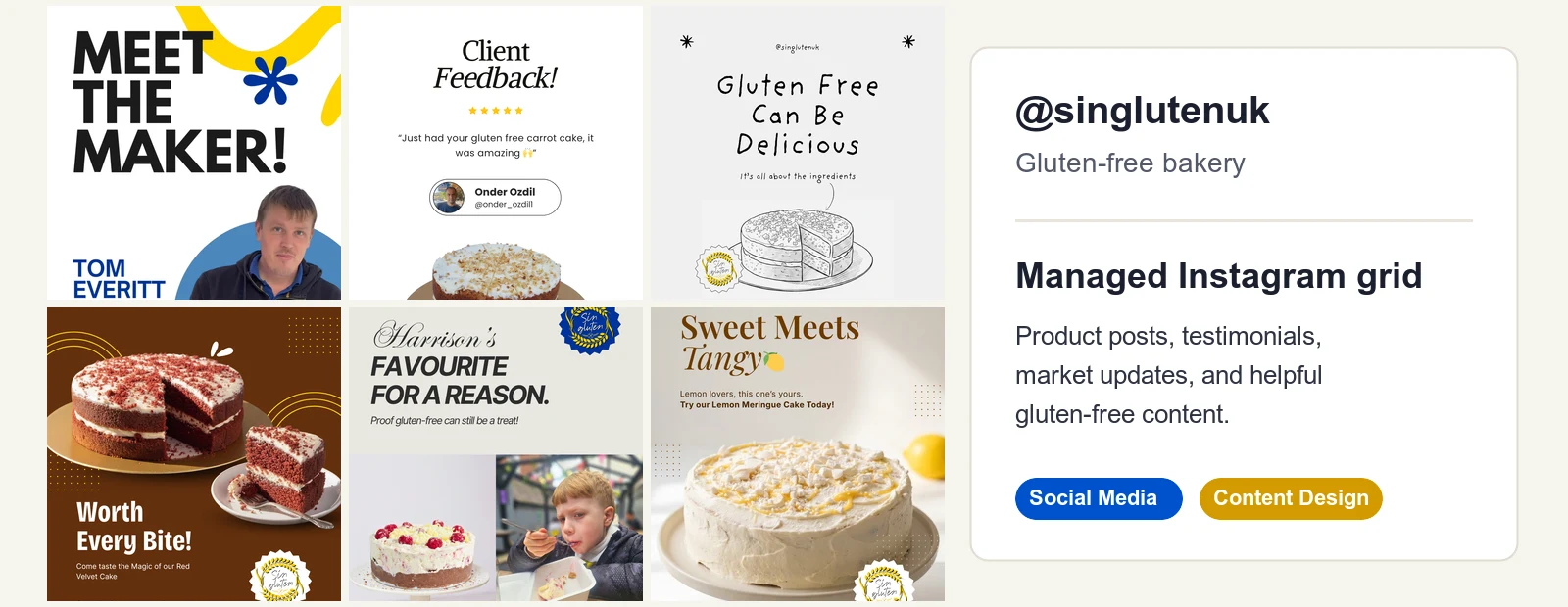 Screenshot of a gluten-free bakery Instagram grid