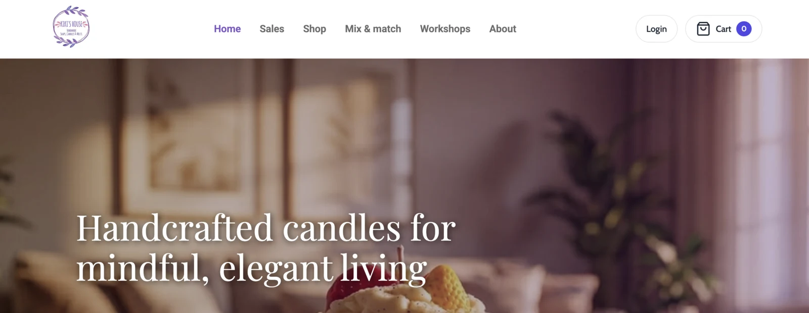 Screenshot of a handmade candle maker website homepage
